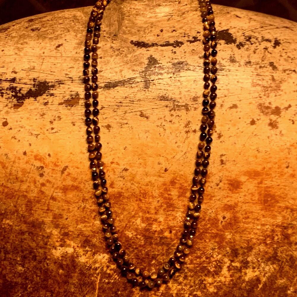 Vintage 37 Inch Strand of Handknotted Tiger Eye and 14K Gold Beads